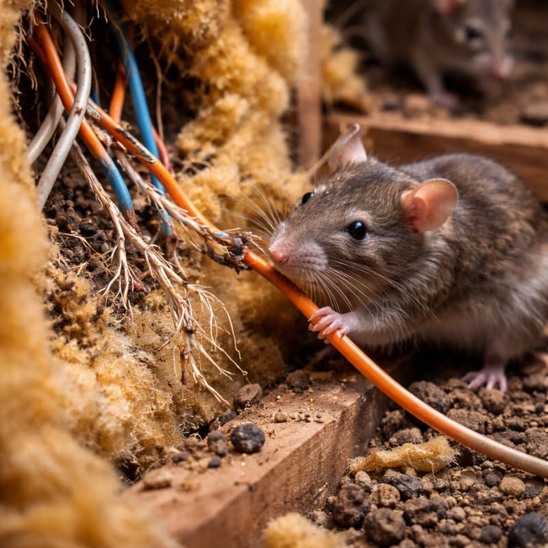 Câbles électriques endommagés par des rats dans une habitation