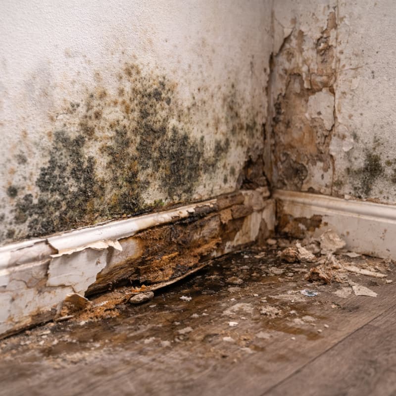 Moisissures importantes sur un mur intérieur – absence de désinfection