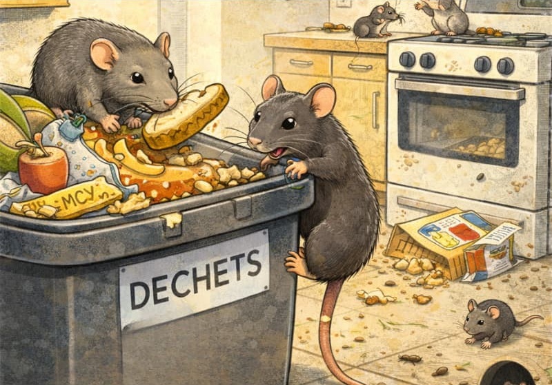 Rats fouillant une poubelle dans une cuisine infestée